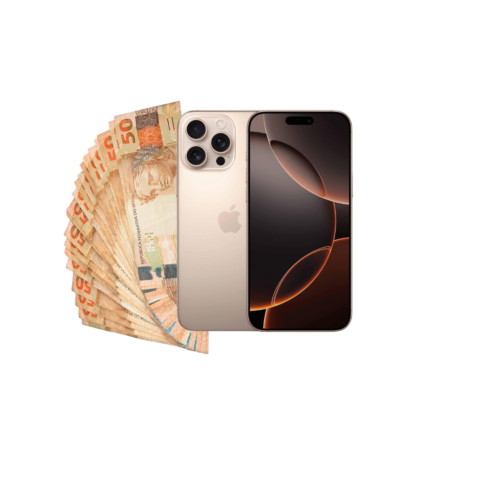 iPhone 16 Pro Max com dinheiro